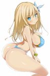  1girl ass bikini blonde_hair blue_bikini blue_eyes blue_hair boku_wa_tomodachi_ga_sukunai breasts butterfly female hair_ornament huge_ass kashiwazaki_sena large_breasts long_hair lowres profile simple_background sitting solo swimsuit thighs white_background yoru_ha 