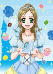  blue blue_background blue_dress blue_flower blue_rose brown_hair castle cupcake dress flower food frills ginban_kobako green_eyes high_heels jewelry long_hair lowres macaron minamino_kanade necklace precure rose shoes smile solo suite_precure tiara 