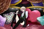  alois_trancy black_legwear blonde_hair blue_eyes full_body kuroshitsuji male_focus on_bed open_mouth pillow samu. smile solo thighhighs undressing 