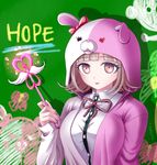  aikabocha breasts danganronpa eyelashes flipped_hair hood hoodie large_breasts monomi_(danganronpa) nail_polish nanami_chiaki open_mouth pink_eyes pink_hair solo super_danganronpa_2 upper_body wand 