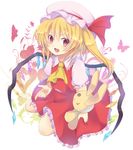  :d ascot blonde_hair flandre_scarlet long_hair open_mouth red_eyes rento_(rukeai) side_ponytail smile solo stuffed_animal stuffed_bunny stuffed_toy touhou wings 
