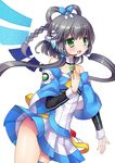  bare_shoulders black_hair green_eyes hair_ornament hair_rings hand_on_own_chest headset long_hair luo_tianyi open_mouth short_hair_with_long_locks silver15 smile solo vocaloid vocanese 