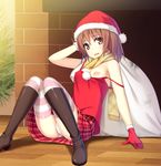  boots breasts brown_eyes brown_hair chimney fallen_down gloves hat ihara_asta looking_at_viewer medium_breasts nipples original plaid plaid_scarf plaid_skirt red_gloves sack santa_hat scarf short_hair sitting skirt solo striped striped_legwear thighhighs yellow_scarf 