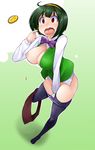  bad_id bad_pixiv_id black_legwear blush breasts bursting_breasts buttons flying_button green_hair hairband headset idolmaster idolmaster_(classic) large_breasts nipples open_mouth otonashi_kotori panties panty_pull purple_panties red_eyes shachi_kamaboko short_hair skirt skirt_around_one_leg solo surprised tears thighhighs underwear wardrobe_malfunction 