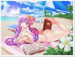  ass beach bikini book breasts covering covering_breasts day hat image_sample jeibii large_breasts lens_flare long_hair patchouli_knowledge pixiv_sample purple_eyes purple_hair solo swimsuit touhou umbrella 