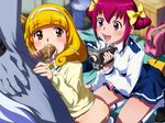  1boy 2girls bestiality blonde_hair blush brown_eyes camera censored cheek_bulge cum cum_in_mouth cum_on_hair fellatio hair_ornament happy hoshizora_miyuki interspecies kise_yayoi kneeling monster monster_sex multiple_girls open_mouth oral penis pink_eyes pink_hair precure same school_uniform short_hair skirt smile_precure! socks werewolf wolfrun 