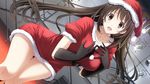  1girl black_eyes black_hair breasts christmas game_cg gloves hat kiss_bell long_hair looking_at_viewer mikoto_akemi open_mouth santa_costume santa_hat solo standing wallpaper 