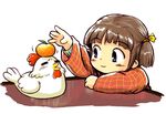  bird blue_eyes blush brown_hair chicken copyright_request food fruit highres jkt_(sheltem) kotatsu mandarin_orange short_hair simple_background smile solo table white_background 