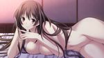  1girl bed black_hair breast_press breasts game_cg hotch_kiss large_breasts long_hair looking_at_viewer lying marui_(koedame) mikoto_akemi navel nude on_side pink_eyes smile solo 