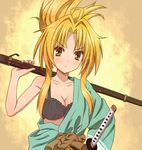  antique_firearm bad_id bad_pixiv_id black_bra blonde_hair blush body_blush bra breasts cleavage collarbone firearm firelock gun kanden_suki katana long_hair looking_at_viewer matchlock medium_breasts musket oda_nobuna oda_nobuna_no_yabou solo sword underwear weapon yellow_eyes 