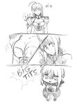  absurdres artoria_pendragon_(all) bad_id bad_pixiv_id breast_envy breasts chibi cleavage cleavage_cutout comic english fate/extra fate/stay_night fate_(series) greyscale highres large_breasts monochrome multiple_girls nero_claudius_(fate) nero_claudius_(fate)_(all) pantyhose saber saber_alter tusia 