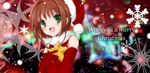  brown_hair cardcaptor_sakura christmas elbow_gloves gloves green_eyes hat juria kinomoto_sakura red_gloves red_hat santa_costume santa_hat short_hair snowflakes solo star 