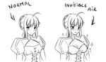  ahoge artoria_pendragon_(all) blush braid breast_expansion breasts cleavage cleavage_cutout corset directional_arrow english fate/stay_night fate_(series) french_braid greyscale hair_bun medium_breasts monochrome puffy_sleeves saber sidelocks sketch sparkle text_focus tusia 