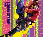  album_cover belt bloody_stream blue_eyes boots bug butterfly buttons colorful contemporary cover fabulous fingerless_gloves gloves groin heart high_kick hip_bones insect jacket jojo_no_kimyou_na_bouken joseph_joestar_(young) kicking male_focus no_panties official_art pants red_hair red_jacket shimizu_takako solo torn_clothes torn_pants 
