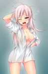  ;o arm_up blush breasts groin hanna-justina_marseille kuragari large_breasts long_hair messy_hair naked_shirt nipples one_eye_closed open_mouth pink_hair purple_eyes shirt sleepy solo strike_witches tears world_witches_series 