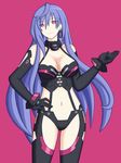  1girl bare_shoulders blue_hair breasts choujigen_game_neptune cleavage compile_heart earrings hand_on_hips highres idea_factory iris_heart jewelry large_breasts long_hair looking_at_viewer navel neptune_(series) pink_eyes pururut simple_background smile solo standing 
