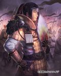  army bad_id bad_pixiv_id black_hair brown_eyes ddal dragon fan fingerless_gloves gloves japanese_clothes looking_at_viewer male_focus multiple_boys polearm ponytail sima_yi smile soldier solo_focus souken_no_cross_age spear weapon 