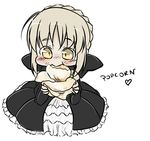  :&gt;= artoria_pendragon_(all) blonde_hair blush chibi eating fate/stay_night fate_(series) food gothic_lolita lolita_fashion minigirl pale_skin popcorn saber_alter solo tusia yellow_eyes 