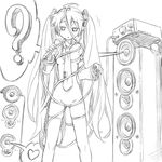  2012 cable censored convenient_censoring dated detached_sleeves greyscale hatsune_miku isedaichi_ken long_hair microphone monochrome necktie nude solo speaker thighhighs twintails very_long_hair vocaloid 