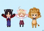  absurdres ahoge animal_ears arcueid_brunestud artoria_pendragon_(all) black_hair blonde_hair blush cat_ears cat_paws embarrassed fate/stay_night fate/tiger_colosseum fate_(series) green_eyes highres jacket kara_no_kyoukai long_skirt multiple_girls open_mouth outstretched_arms pantyhose paws purple_skirt red_jacket ryougi_shiki saber saber_lion shin_(shinobu40) short_hair skirt smile spread_arms sweater tsukihime type-moon 