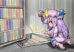  absurdres book bookshelf crescent dress hair_ribbon hat highres long_hair patchouli_knowledge purple_hair ribbon shinapuu smile solo stairs touhou 
