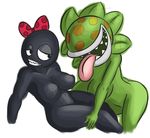  bow breasts chain_chomp dtmech duo female flora_fauna humanoid lesbian nipples not_furry nude piranha_plant plain_background plant tongue white_background wide_hips 