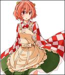 apron bad_id bad_pixiv_id bell checkered hair_bell hair_ornament jingle_bell motoori_kosuzu open_mouth red_eyes red_hair s-syogo shikishi short_hair simple_background skirt solo touhou traditional_media white_background wide_sleeves 
