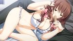  1girl bed bikini blush breasts brown_eyes brown_hair censored cleavage fellatio game_cg hair_ornament hotch_kiss large_breasts long_hair lying mikoto_akemi navel on_side oral penis sitting swimsuit 