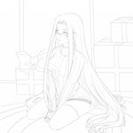  box breasts fate/stay_night fate_(series) gift gift_box glasses greyscale highres large_breasts lineart long_hair looking_at_viewer monochrome no_pants ribbed_sweater rider seiza sitting solo sweater thighhighs turtleneck tusia v_arms very_long_hair 