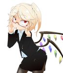  alternate_costume bacho bespectacled black_legwear blonde_hair flandre_scarlet formal glasses jacket office_lady pantyhose pencil_skirt pointy_ears red_eyes side_ponytail simple_background skirt skirt_suit slit_pupils solo suit touhou white_background wings 