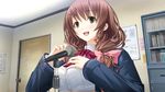  1girl blush bow bowtie breasts brown_eyes brown_hair door game_cg hair_ornament hairclip happy hotch_kiss indoors large_breasts long_hair microphone mikoto_akemi open_mouth school_uniform singing solo 