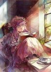  bad_id bad_pixiv_id book bug butterfly butterfly_on_nose cup dress hat insect long_hair open_book paper patchouli_knowledge purple_eyes purple_hair sitting solo teacup touhou vima wide-eyed window 