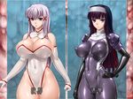 2girls bangs black_hair blunt_bangs bodysuit breasts clenched_hand clothed_navel elbow_gloves enjou_sakuya gloves hand_on_hip hime_cut huge_breasts kamori_sayaka large_breasts latex lavender_hair leotard long_hair looking_at_viewer multiple_girls original purple_eyes ribbon rindou_(radical_dream) shiny shiny_clothes shiny_skin skin_tight thick_thighs thighs tight translation_request white_gloves wide_hips 