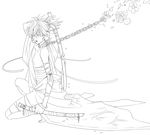  chain collar flower greyscale hakuseki highres kagamine_len lineart male_focus monochrome solo sword vocaloid weapon 