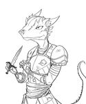  ambiguous_gender armor black_and_white clothing dagger guoh horn kobold monochrome plain_background scalie solo standing weapon white_background 