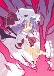  :d bat_wings blue_hair fang hat hat_ribbon looking_at_viewer open_mouth outstretched_arm red_eyes remilia_scarlet ribbon satou_kibi smile solo spear_the_gungnir touhou wings 