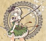  bandages black_hairband blue_eyes hairband katana konpaku_youmu kuro_(pixiv213382) mouth_hold petals short_hair silver_hair skirt solo sword torn_clothes touhou weapon wind 