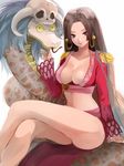  amazon black_hair blue_eyes blush boa_hancock breasts cleavage collarbone crossed_legs earrings forked_tongue horns jewelry large_breasts legs long_hair long_legs looking_at_viewer one_piece salome_(one_piece) settyaro sitting sketch skull smile snake snake_earrings solo tongue white_background yellow_sclera 