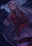  bird boots breasts evan_yang fate/zero fate_(series) irisviel_von_einzbern large_breasts long_hair pantyhose red_eyes silver_hair skirt solo thigh_boots thighhighs 