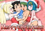  1boy 3girls blonde_hair blue_eyes blue_hair blush creatures_(company) game_freak gouguru green_eyes green_hair lillie_(pokemon) mao_(pokemon) multiple_girls nintendo pokemon pokemon_(anime) pokemon_sm_(anime) santa_costume satoshi_(pokemon) suiren_(pokemon) 