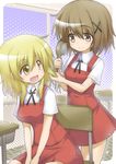  :d blonde_hair blush brown_eyes brown_hair chair desk hair_brush hidamari_sketch holding long_hair looking_at_another miyako mocchi multiple_girls open_mouth school_desk school_uniform sitting smile yellow_eyes yuno 