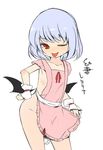  apron bat_wings blue_hair blush collarbone groin looking_at_viewer naked_apron one_eye_closed red_eyes remilia_scarlet shamo_(koumakantv) short_hair solo tongue tongue_out touhou translated white_background wings wrist_cuffs 