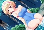  :o bad_id bad_pixiv_id bare_shoulders blonde_hair blush breasts collarbone hairband medium_breasts one-piece_swimsuit original red_eyes short_hair sitting solo swimsuit tree water wide_hips yappen 