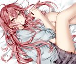  ahoge jukuo long_hair lying on_side original red_eyes red_hair shirt skirt sleeves_rolled_up solo 