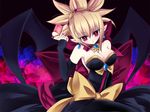  bare_shoulders bat_wings black_dress blonde_hair bow breasts bright_pupils cleavage demon_girl disgaea dress gun imari_yuka large_breasts makai_senki_disgaea_2 pointy_ears red_eyes rozalin slit_pupils solo strapless strapless_dress weapon wings yellow_bow 