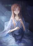  asuna_(sao) brown_eyes brown_hair clock collarbone copyright_name headwear_removed helmet helmet_removed long_hair looking_at_viewer nervegear pillow smile solo spark_(sandro) sword_art_online tears 