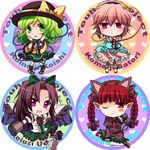  animal_ears blush bow braid breasts chibi extra_ears green_eyes green_hair hair_bow hat kaenbyou_rin komeiji_koishi komeiji_satori long_hair looking_at_viewer medium_breasts multiple_girls n-mix one_eye_closed open_mouth purple_eyes purple_hair red_eyes red_hair reiuji_utsuho short_hair smile touhou wings 