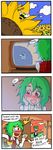  2girls 4koma antennae ascot bee blush bug caught comic commentary drooling female_pervert finnish flower green_hair heart heart-shaped_pupils insect kazami_yuuka multiple_girls pervert pollination pornography red_eyes setz short_hair smile sunflower symbol-shaped_pupils tears television touhou translated wriggle_nightbug 