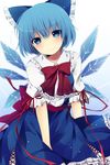  ari_suzushi blue_dress blue_eyes blue_hair bow cirno dress hair_bow ice ice_wings looking_at_viewer ribbon short_hair smile solo touhou wings 