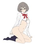  ban black_legwear bra breasts character_request copyright_request glasses grey_eyes grey_hair kneehighs medium_breasts open_clothes open_shirt parted_lips semi-rimless_eyewear shirt short_hair simple_background solo underwear white_background white_bra 